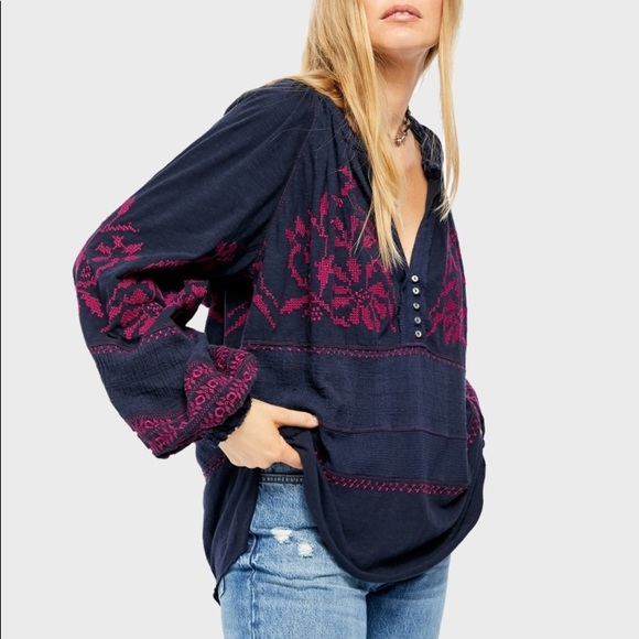 Free People Persuasion Embroidered Long Sleeve Peasant Top - Picture 2 of 10